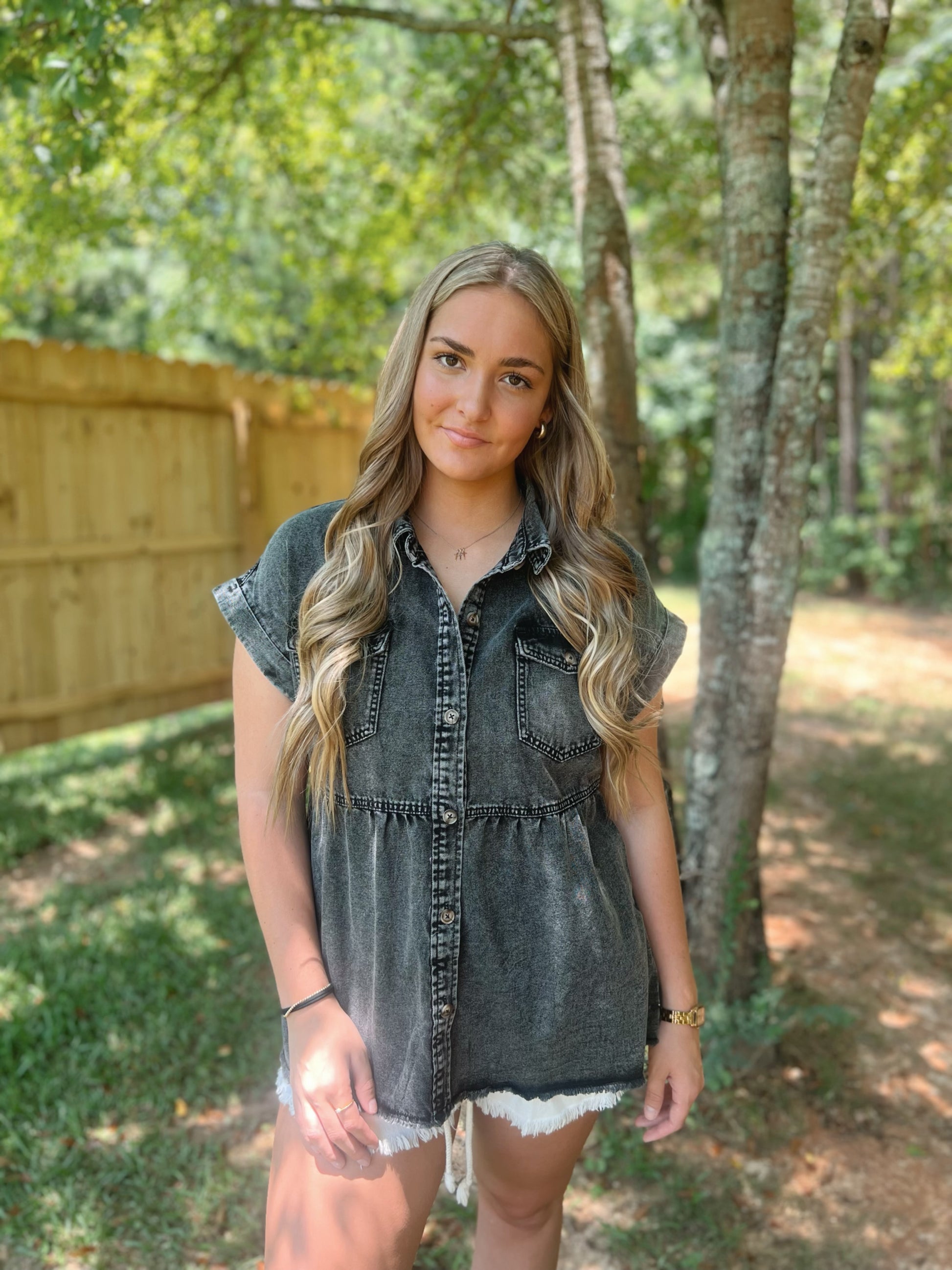 Roxy Denim Raw Hem Buttoned Top
