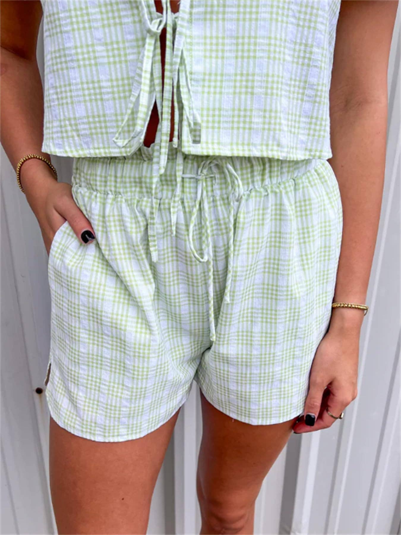 Blair V-Neck Lace-Up Puff Sleeve Top Shorts Plaid Set