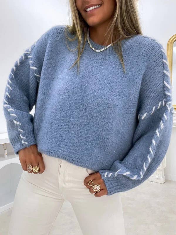 Liza Round Neck Stitch Design Loose Pullover Sweater