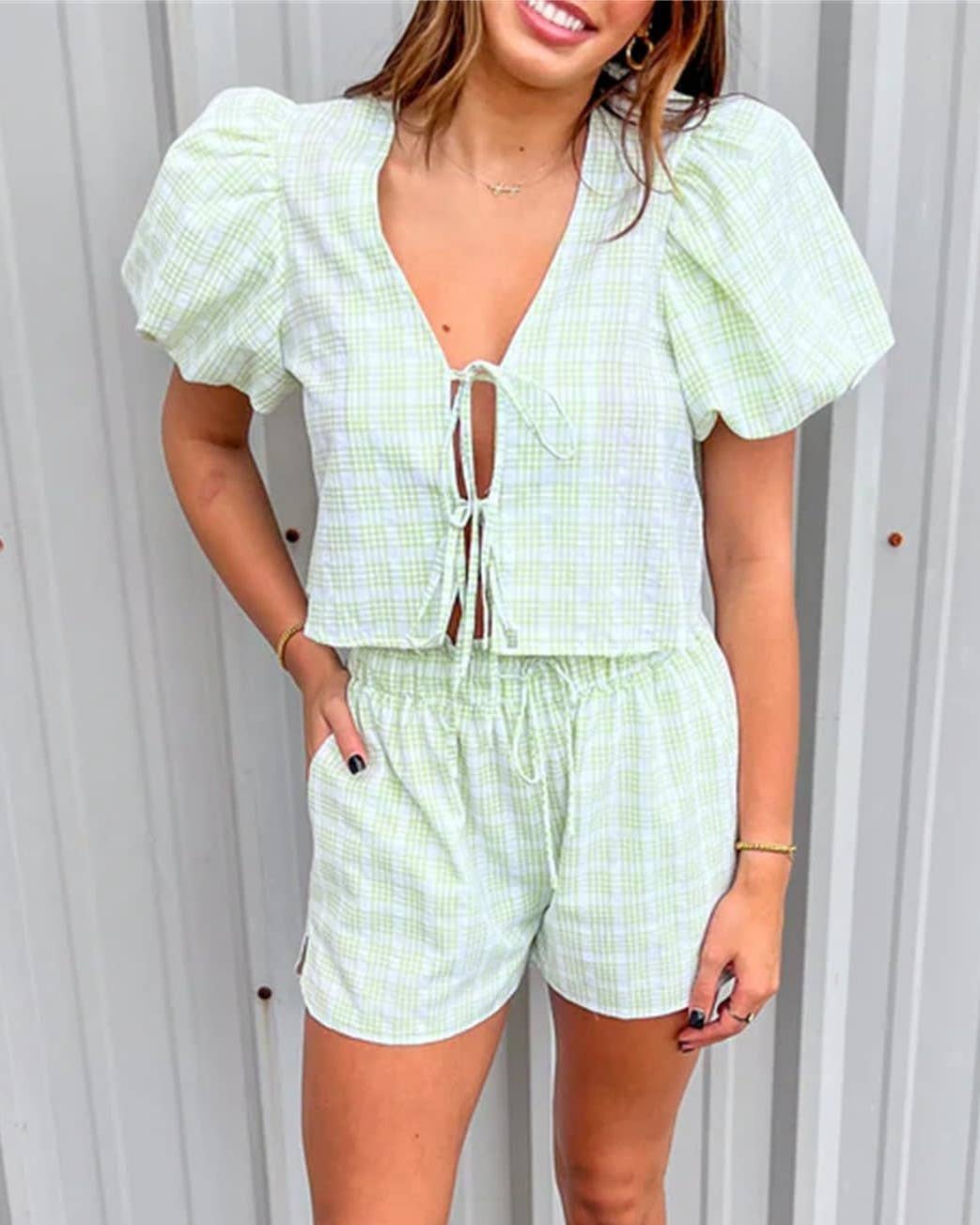 Blair V-Neck Lace-Up Puff Sleeve Top Shorts Plaid Set