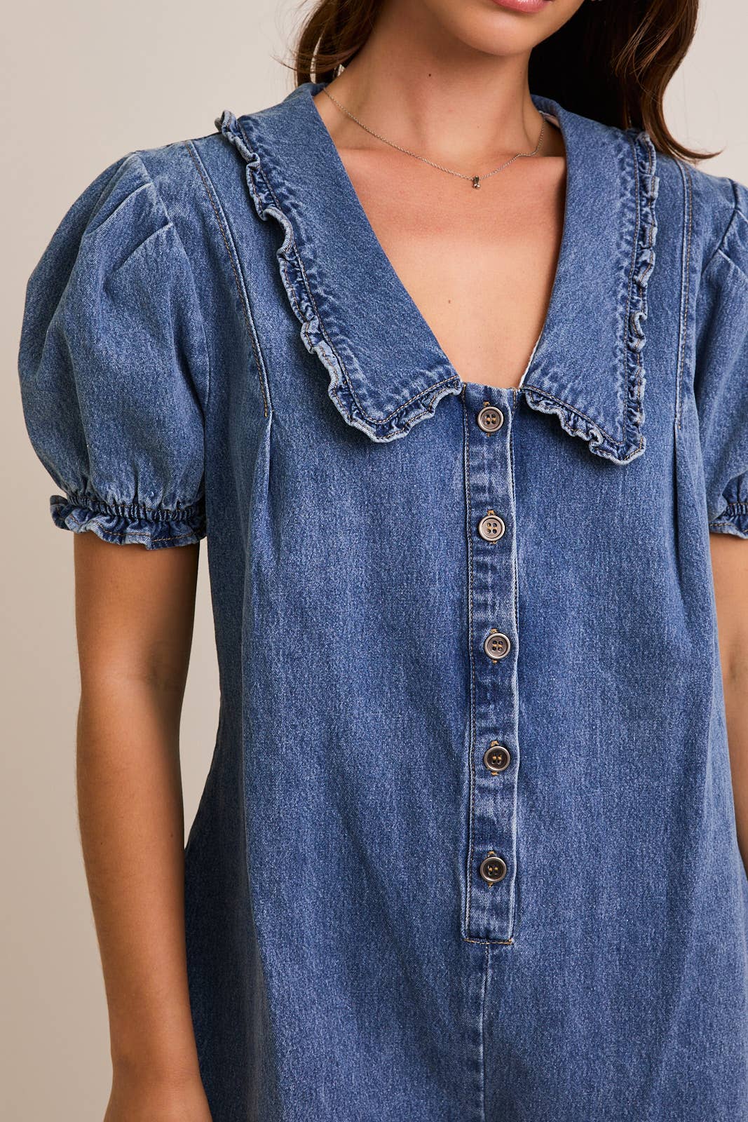 DAILY DENIM ROMPER WITH SIDE POCKET WITH PUFF SLEEVE