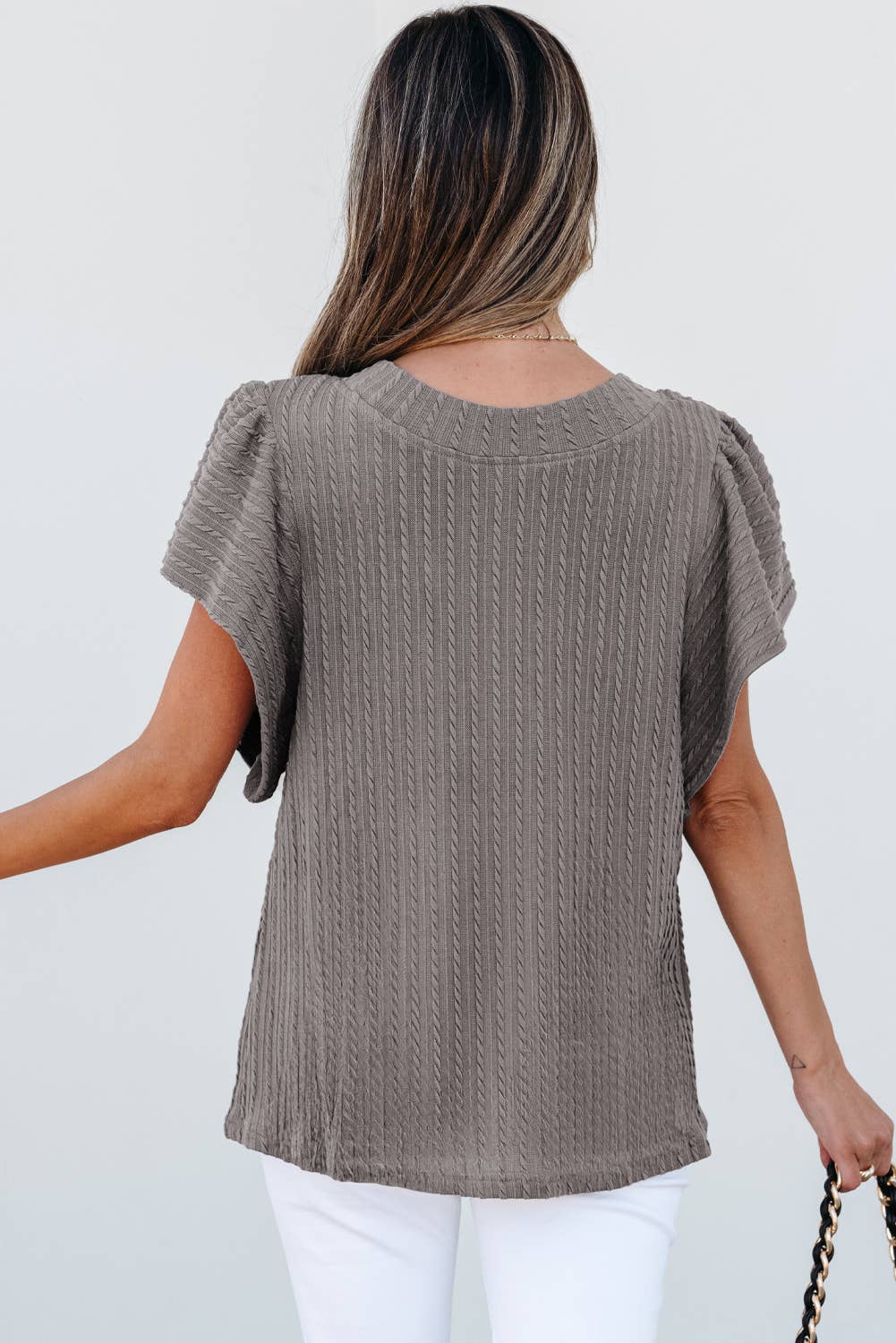 LuLu Solid Textured Flutter Sleeve Top