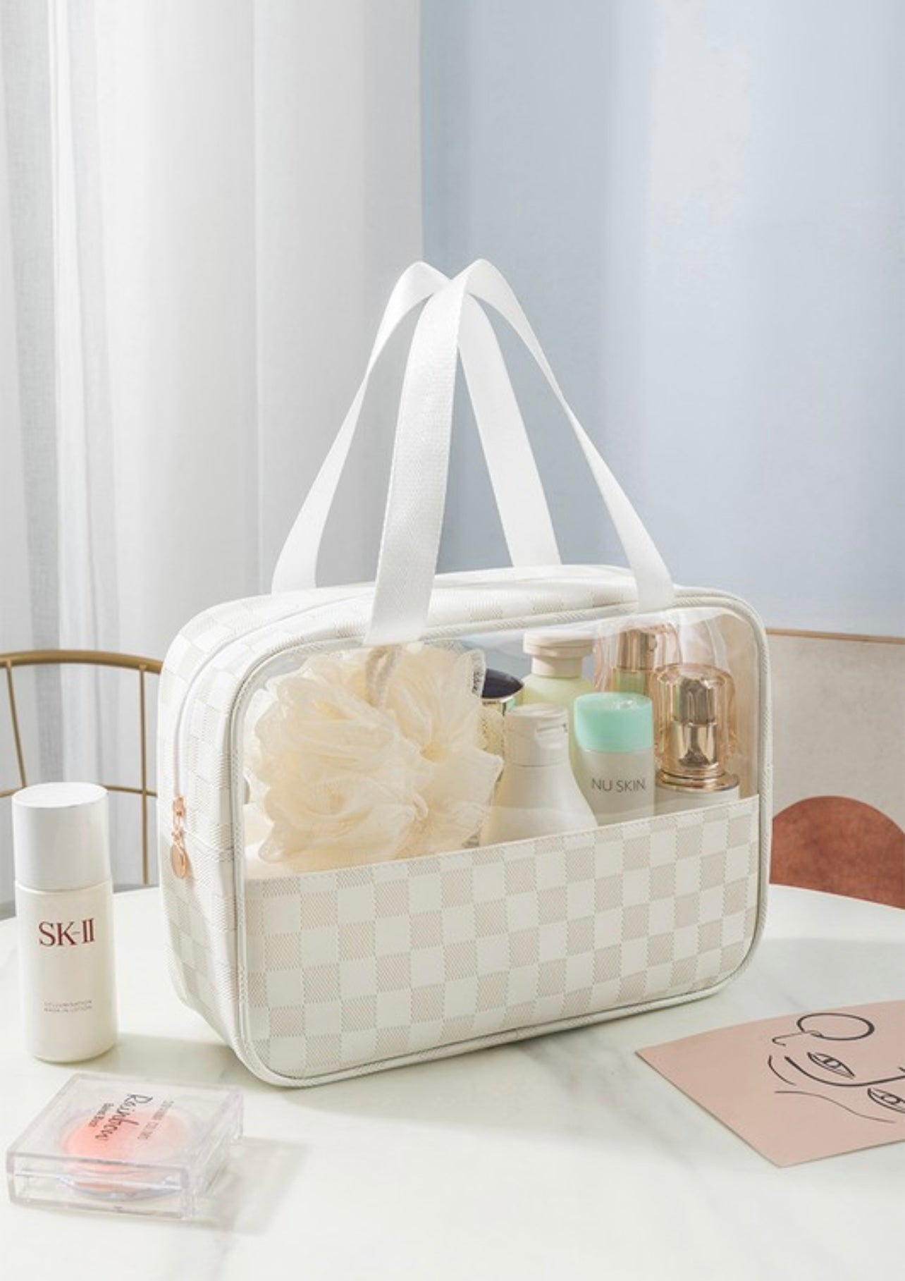 Ivory Checkered Pattern Travel Clear Bag