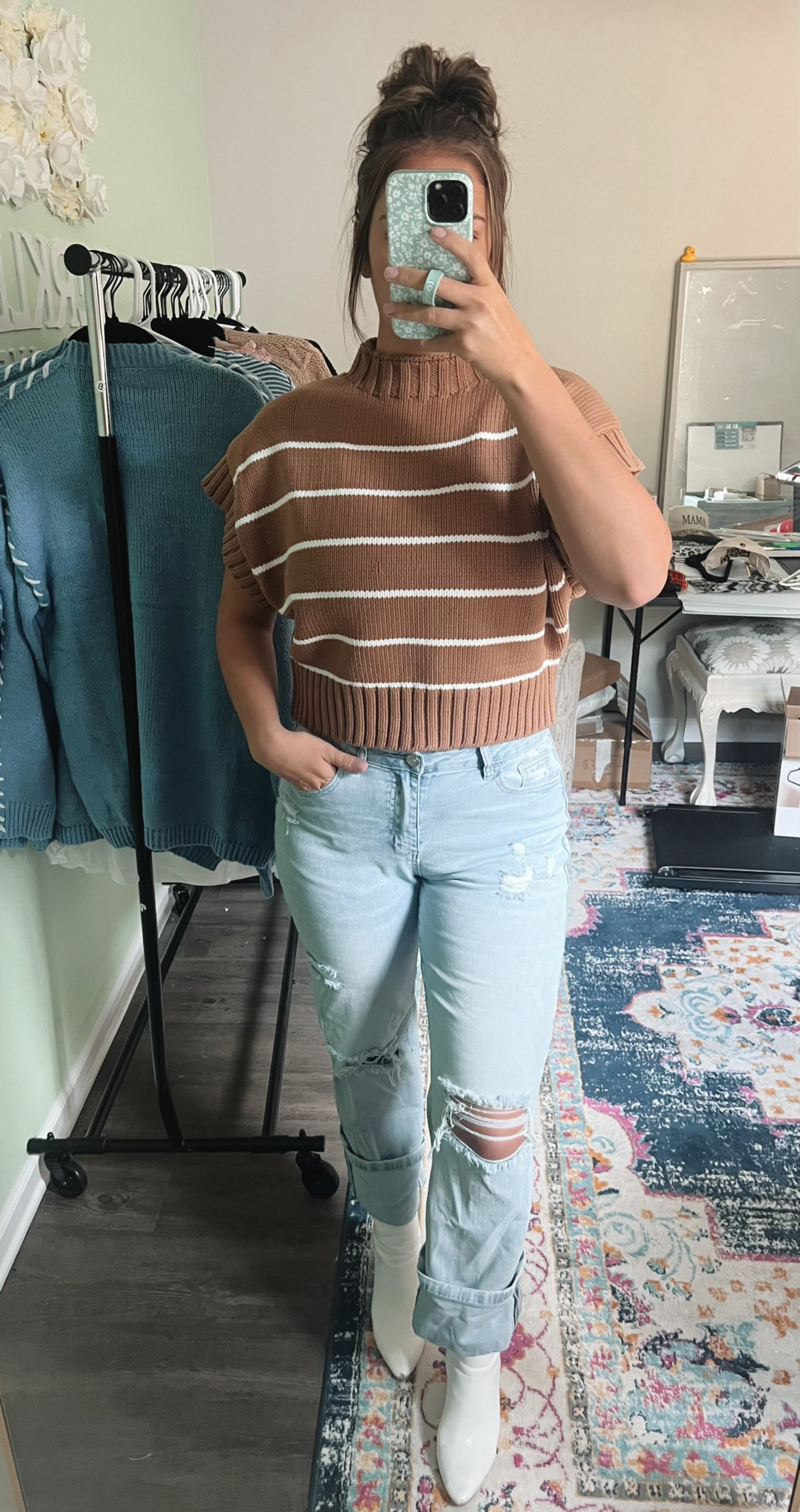 Zenana Striped Cropped Mock Neck Sweater