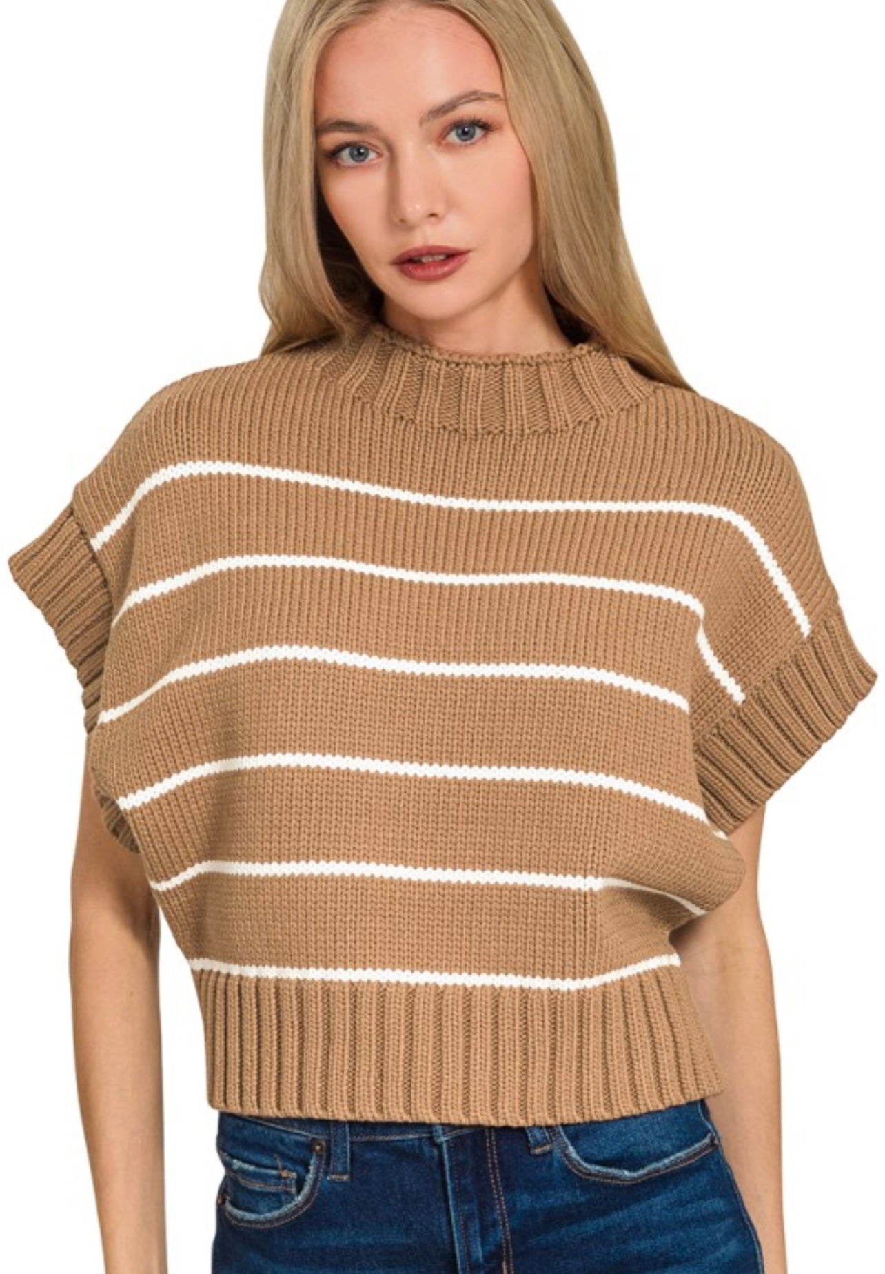 Zenana Striped Cropped Mock Neck Sweater