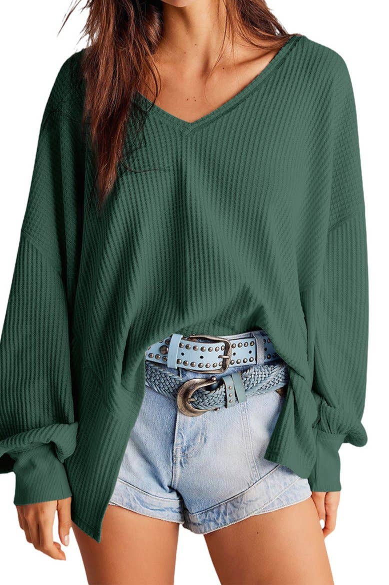 Ariel Waffle V-Neck Long Sleeve Blouse