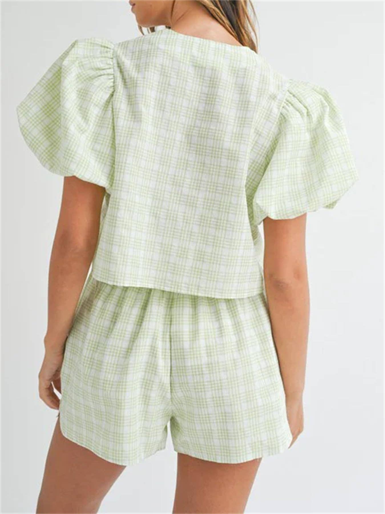 Blair V-Neck Lace-Up Puff Sleeve Top Shorts Plaid Set