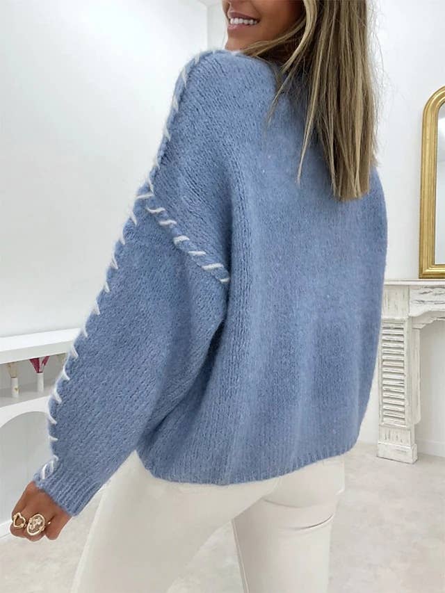 Liza Round Neck Stitch Design Loose Pullover Sweater