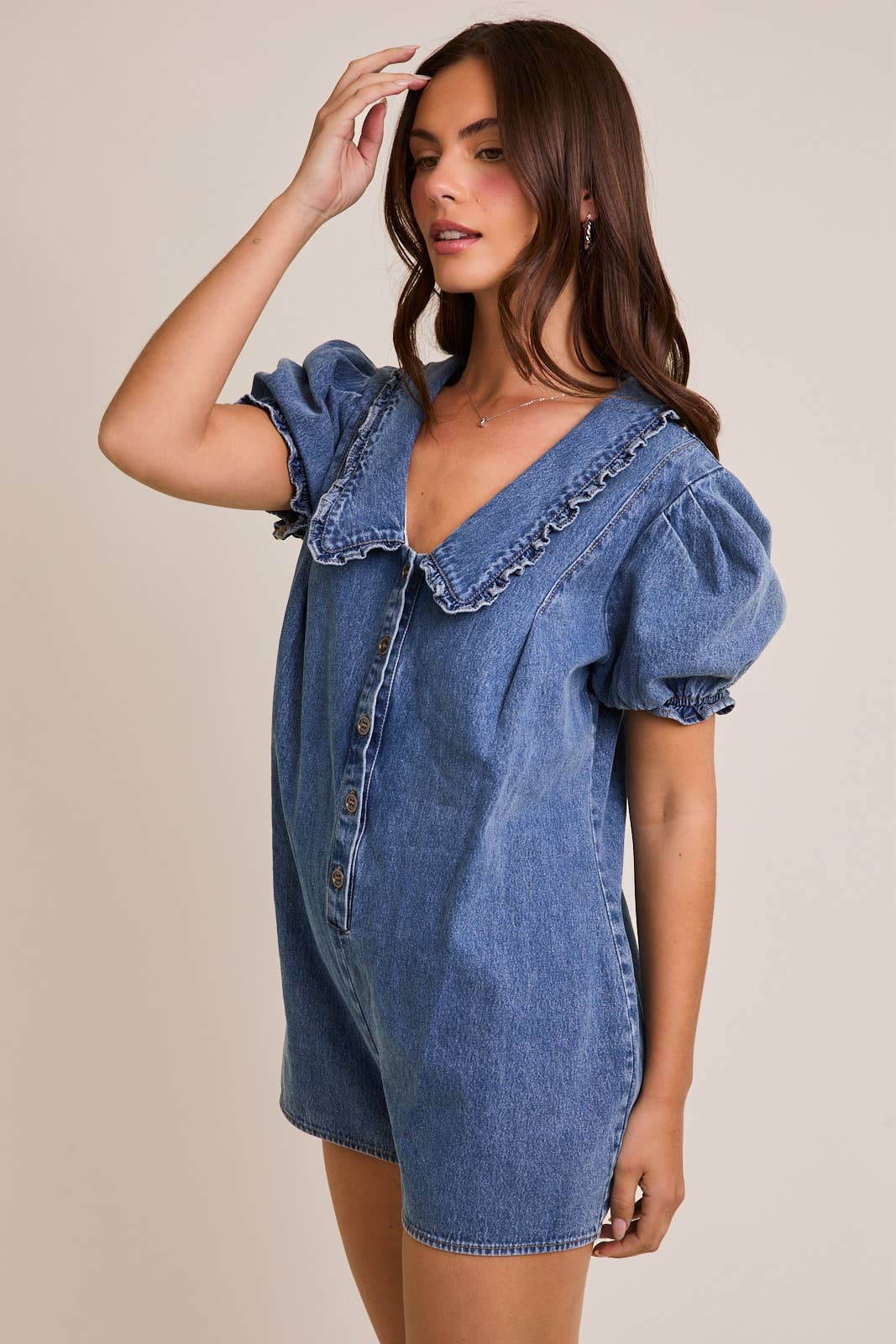 DAILY DENIM ROMPER WITH SIDE POCKET WITH PUFF SLEEVE