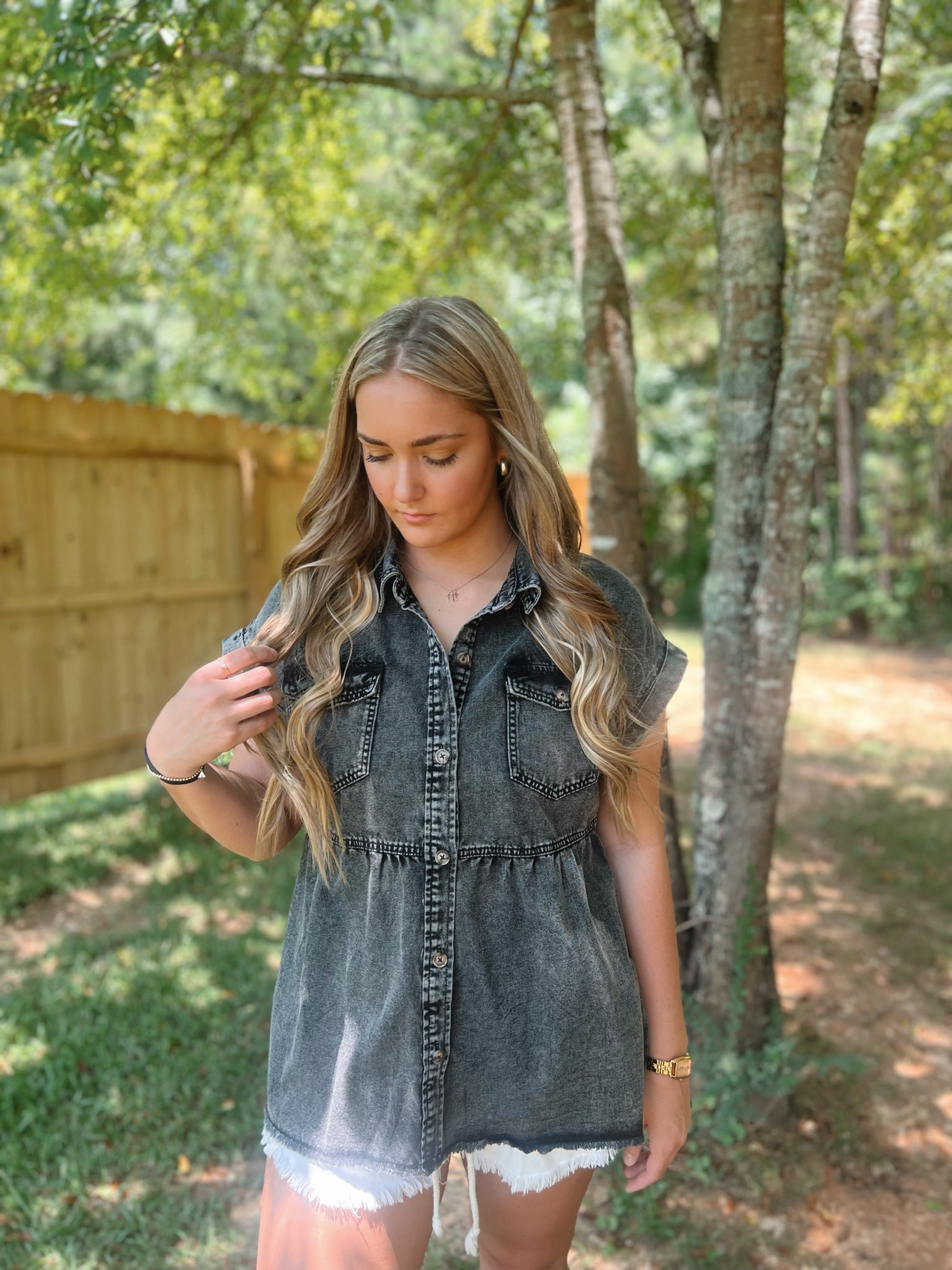 Roxy Denim Raw Hem Buttoned Top