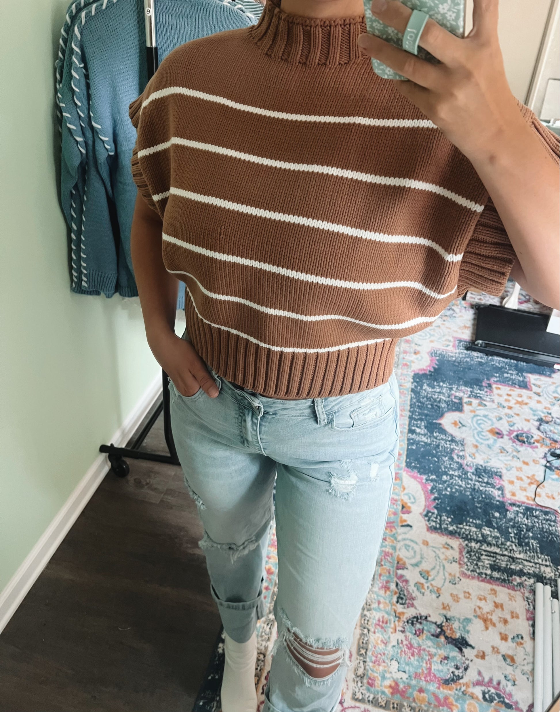 Zenana Striped Cropped Mock Neck Sweater
