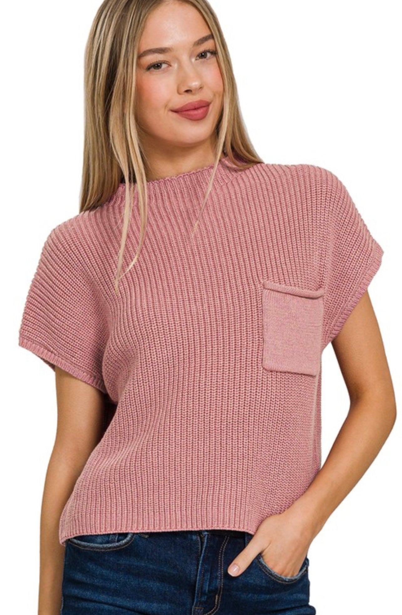 Zenana Mock Neck Short Sleeve Sweater