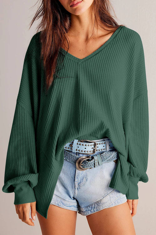 Ariel Waffle V-Neck Long Sleeve Blouse