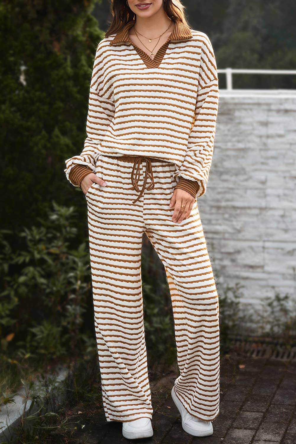 Julie Stripe Collared Pullover & Drawstring Pants Set | S-4X