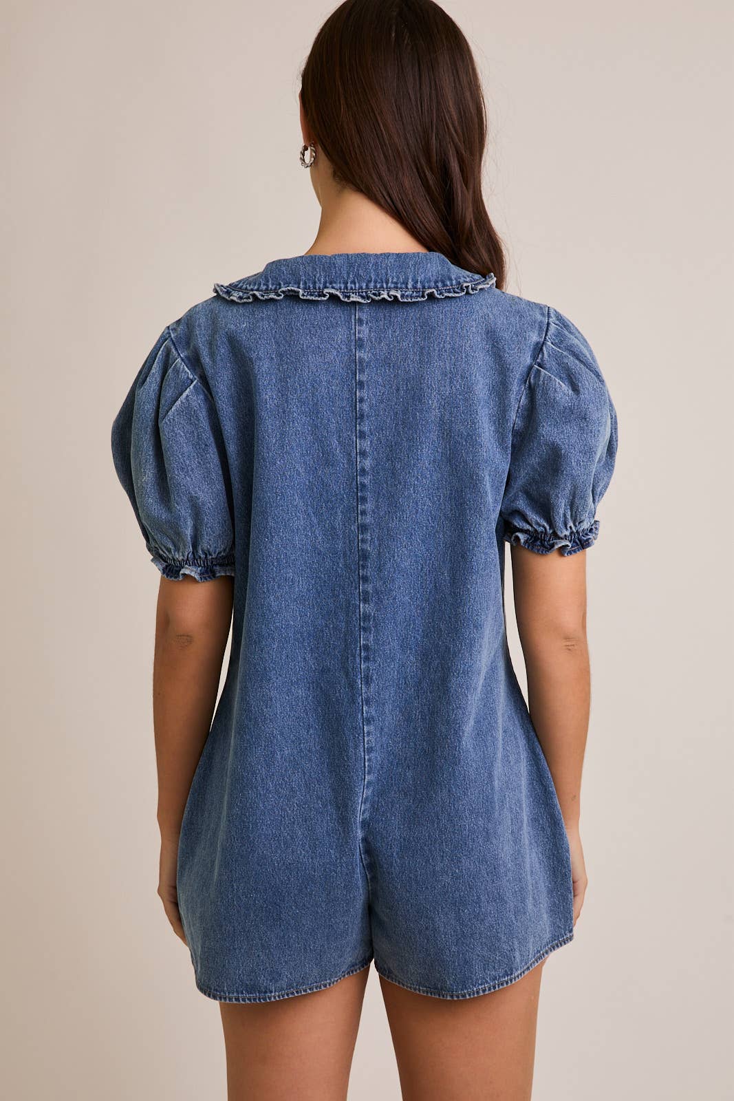 DAILY DENIM ROMPER WITH SIDE POCKET WITH PUFF SLEEVE