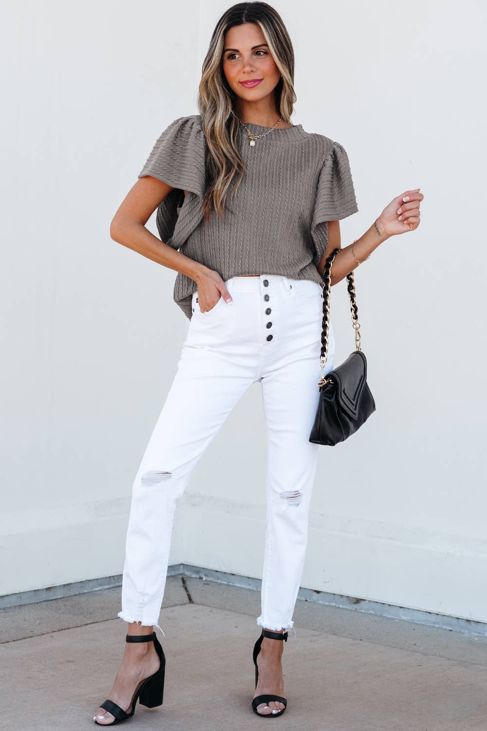 LuLu Solid Textured Flutter Sleeve Top