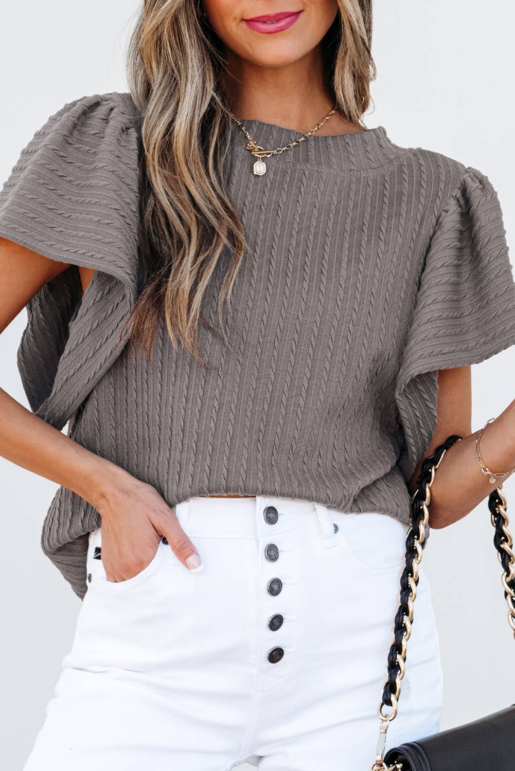 LuLu Solid Textured Flutter Sleeve Top
