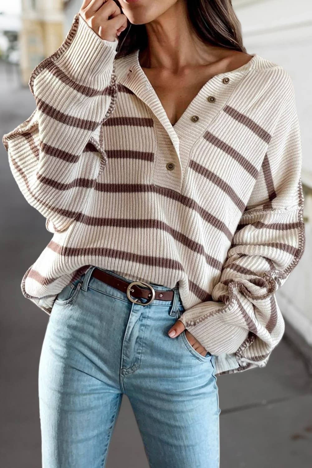 Marissa Stripe Henley Neck Long Sleeve Sweater | S-XL