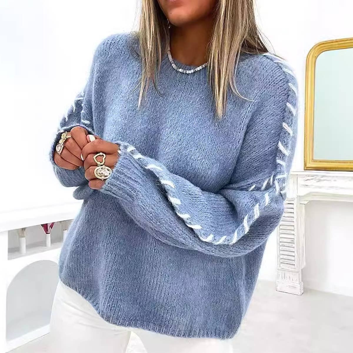 Liza Round Neck Stitch Design Loose Pullover Sweater
